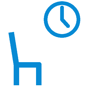 The image shows a stylized illustration of a person sitting on a chair with their legs crossed, holding a book, and looking down at it. Above them, there s an icon of a clock indicating that they are waiting for something.