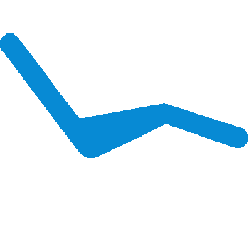 The image shows a graphic representation of a blue lounge chair with a white footrest, set against a dark background.
